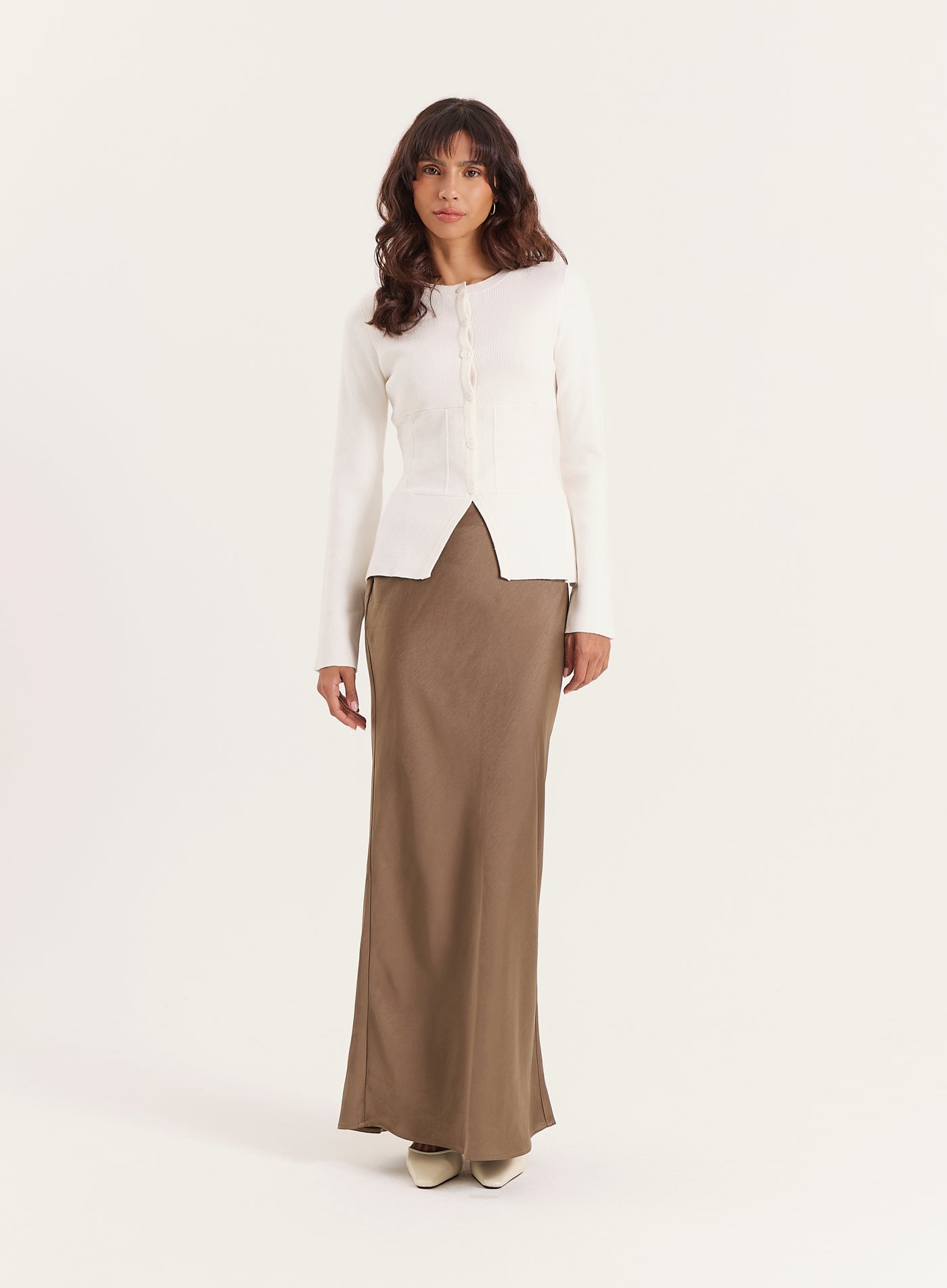 Khaki Satin Maxi Skirt